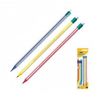 Набор карандашей чернографитных (простых) BIC EvoStripes, HB, 3 штуки, пластиковых, ударопрочный грифель, с ластиком, цветной корпус в полоску