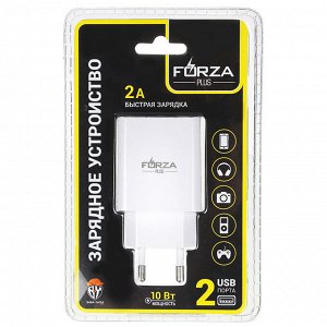 Зарядное устройство FORZA Стандарт, USB, 220В, 2USB, 2А, пластик, белое