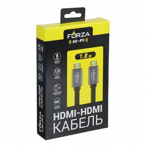 FORZA Кабель HDMI, 4K, 19+1, 30AWG, OD=8 мм, 1,8м, позолоч. металл, оплетка ПВХ