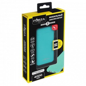 Аккумулятор мобильный FORZA, 4000 мАч, USB, 2А, прорезиненное покрытие, пластик, 4 цвета