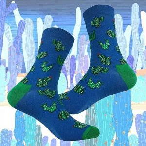 25110 Дизайнерские носки серии В гармонии с природой "Кактусы", р-р 36-43 (ГОЛУБОЙ/зеленые пятка, мысок и манжета), 2690000025110