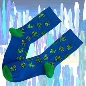 25110 Дизайнерские носки серии В гармонии с природой "Кактусы", р-р 36-43 (ГОЛУБОЙ/зеленые пятка, мысок и манжета), 2690000025110