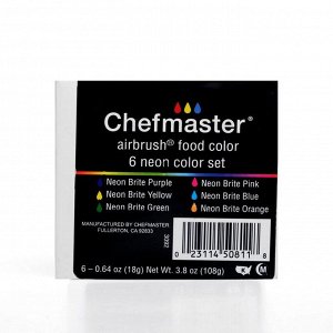 Краски сияющие набор Неон Neon airbrush Chefmaster, 6 цветов по 20 гр. 3092