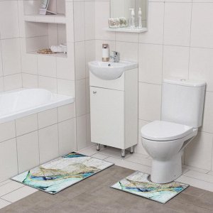 Набор ковриков для ванны и туалета Доляна «Агат», 2 шт: 50x80, 50x40 см, цвет бирюзово-жёлтый