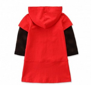 Платье для девочки с капюшоном, сетчатые рукава, цвет красный/черный