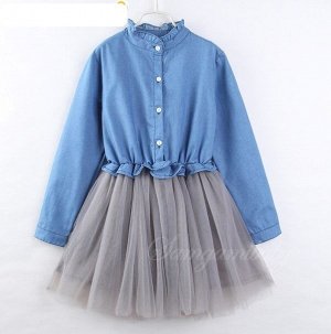 Платье для девочки с длинным рукавом, сетчатый низ, цвет голубой/серый