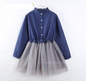 Платье для девочки с длинным рукавом, сетчатый низ, цвет темно-синий/серый