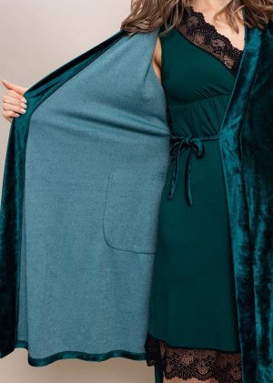 Велюровый комплект в роддом с кружевом (сорочка, халат) для беременных и кормления "Верена"; изумруд