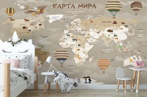 Фотообои детские «Карта мира для детской в серых тонах»