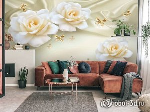 3D Фотообои «Розы на бежевом шелке»