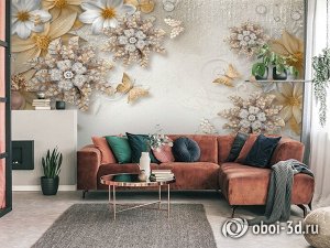 3D Фотообои «Объемные цветы со стразами и бабочками»