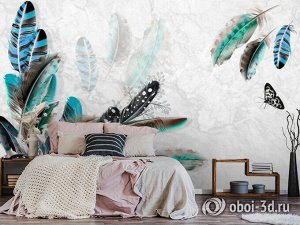 Design Studio 3D 3D Фотообои «Мраморная фантазия с перьями и бабочками»