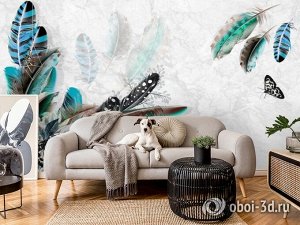 Design Studio 3D 3D Фотообои «Мраморная фантазия с перьями и бабочками»