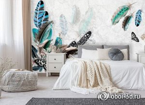 Design Studio 3D 3D Фотообои «Мраморная фантазия с перьями и бабочками»