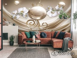 3D Фотообои  «Орхидеи с золотой жемчужиной»