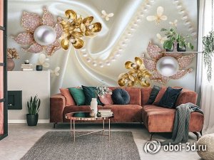 3D Фотообои  «Цветы и бабочки на белом шелке»