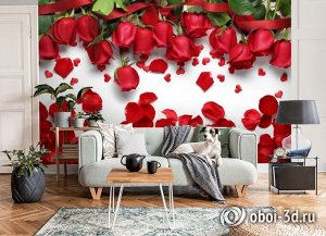 3D Фотообои «Алые розы с лепестками»