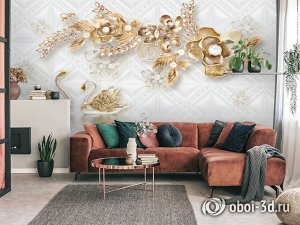 3D Фотообои «Роскошные ювелирные цветы с лебедями»