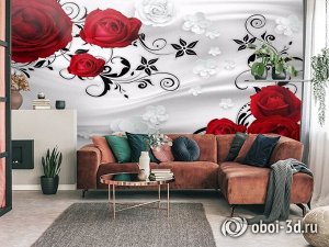 3D Фотообои «Алые розы на сером фоне»