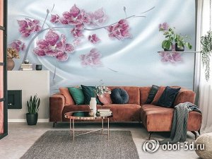 3D Фотообои «Ювелирная орхидея на шелковом фоне»