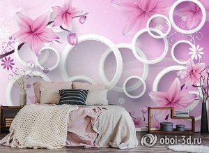 3D Фотообои «Яркие розовые цветы с объемными кругами»