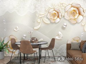 3D Фотообои «Цветы на белом кружеве»