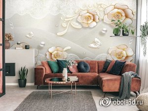 3D Фотообои «Цветы на белом кружеве»