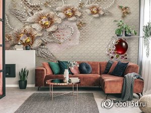 3D Фотообои «Цветы и павлин на ювелирном фоне»