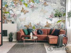 3D Фотообои «Цветы и бабочки»