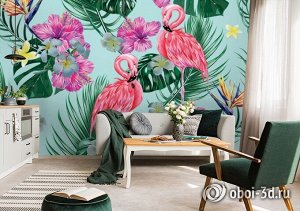 3D Фотообои «Фламинго с тропическими листьями»