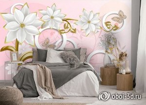 Design Studio 3D 3D Фотообои «Фарфоровые цветы с ювелирными цветами и бабочками»