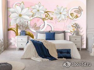 Design Studio 3D 3D Фотообои «Фарфоровые цветы с ювелирными цветами и бабочками»