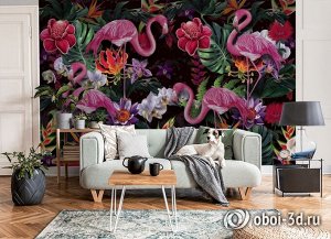 3D Фотообои «Фламинго в цветочном оазисе»
