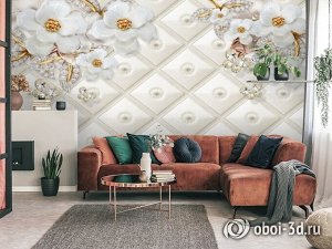 3D Фотообои «Фарфоровые цветы с драгоценными бабочками»