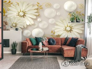 3D Фотообои «Фарфоровые ромашки с жемчужинами»