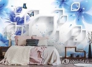 3D Фотообои «Синие цветы с бабочками»