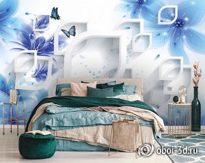 3D Фотообои «Синие цветы с бабочками»