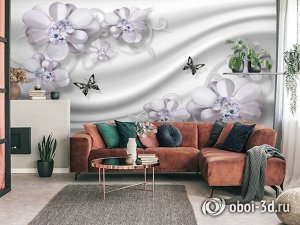 3D Фотообои «Сапфировая фантазия с цветами и бабочками»