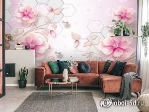 3D Фотообои «Розовые фарфоровые цветы с жемчужинами»