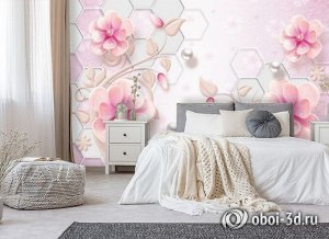 3D Фотообои «Розовые фарфоровые цветы с жемчужинами»