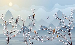 3D Фотообои «Птичья стайка на цветущих ветвях»
