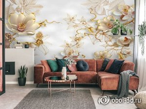 3D Фотообои «Позолоченные магнолии с узорами»