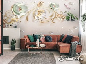 3D Фотообои «Мятные лотосы с жемчужинами»