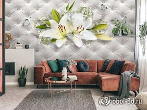 3D Фотообои «Лилии с бабочками на роскошной коже»