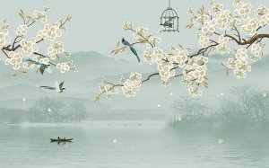 3D Фотообои «Лодка под цветущими ветвями»