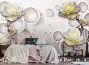 3D Фотообои «Нежные розы с объемными кольцами»