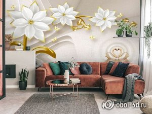 3D Фотообои «Композиция с лебедями и керамическими лотосами»