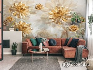 3D Фотообои «Композиция с золотыми цветами»