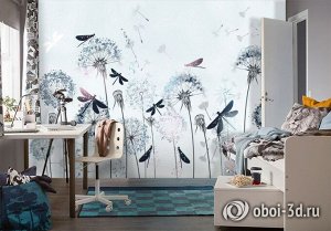 3D Фотообои «Одуванчики с волшебными стрекозами»