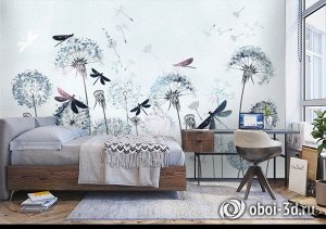 3D Фотообои «Одуванчики с волшебными стрекозами»